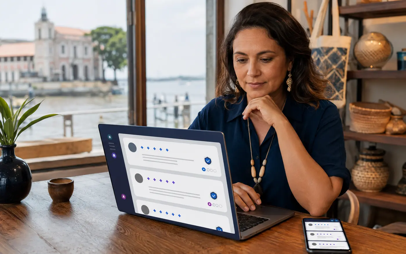 Empresária respondendo avaliações online de forma profissional