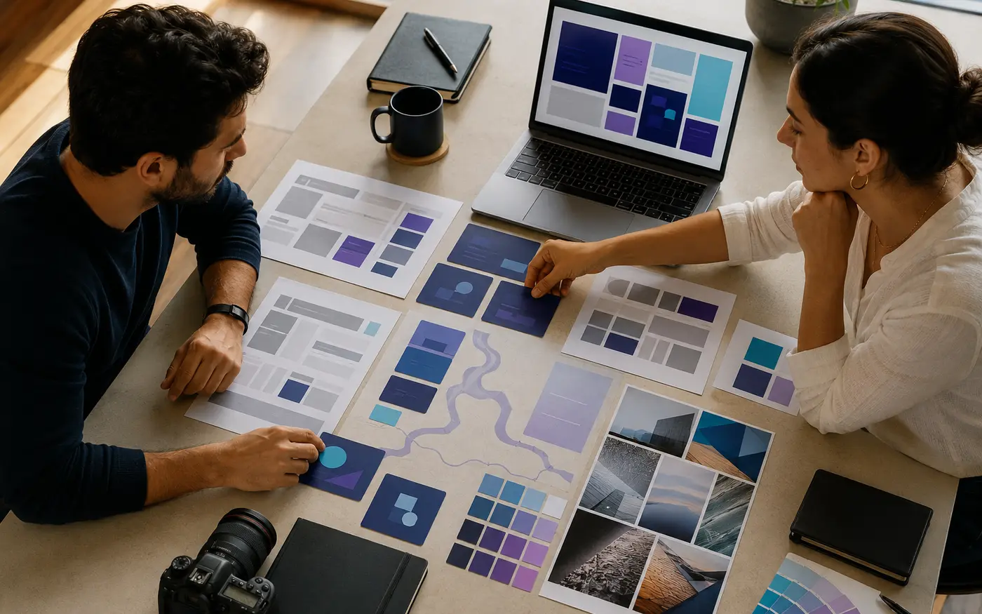 Profissionais preparando briefing, wireframes e referências para um site