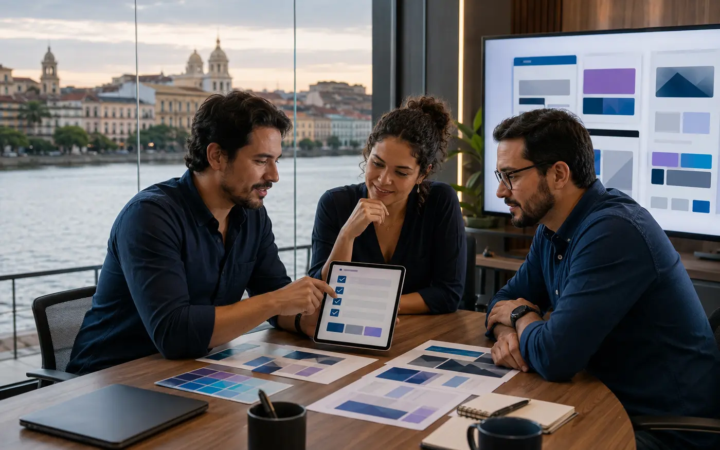 Empresários comparando o portfólio de uma empresa de criação de sites