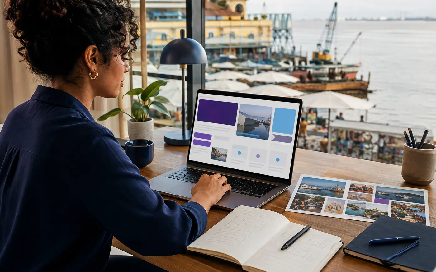 Redatora criando conteúdo para o site de uma empresa de Belém