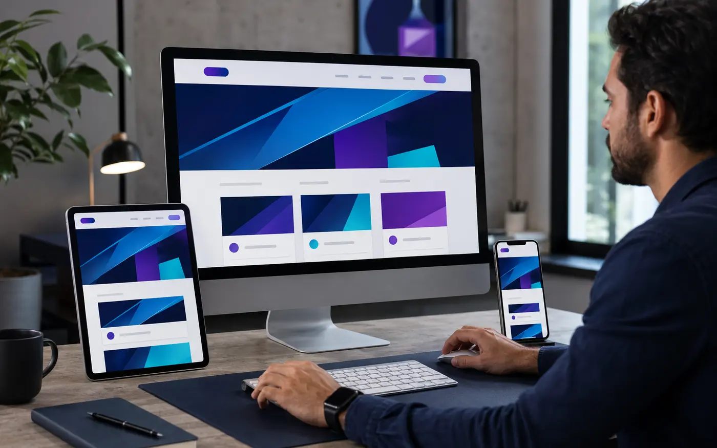 Site responsivo exibido em computador, tablet e celular