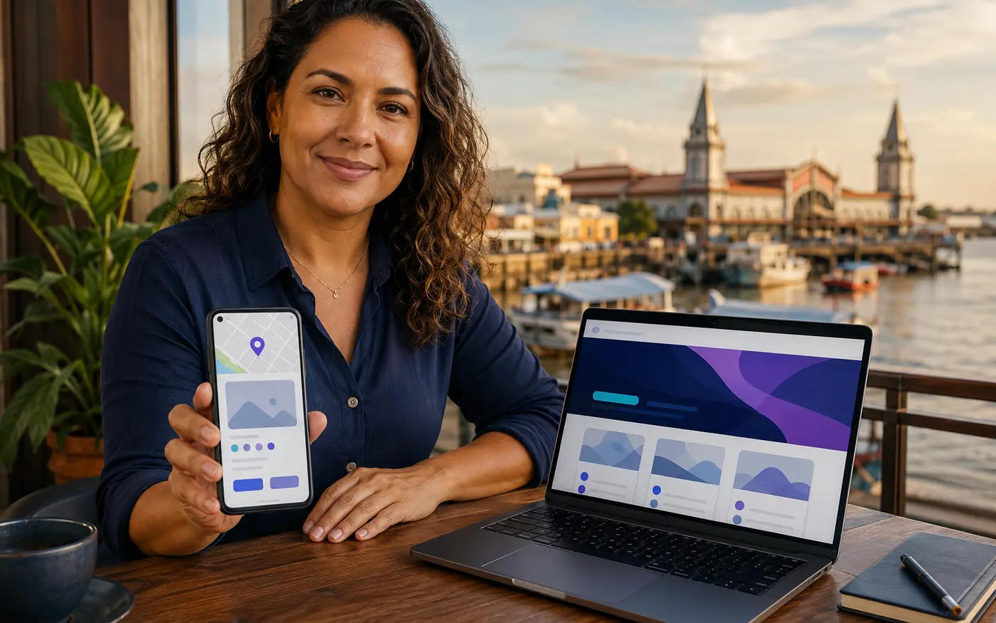 Empresária conectando perfil local e site profissional em Belém