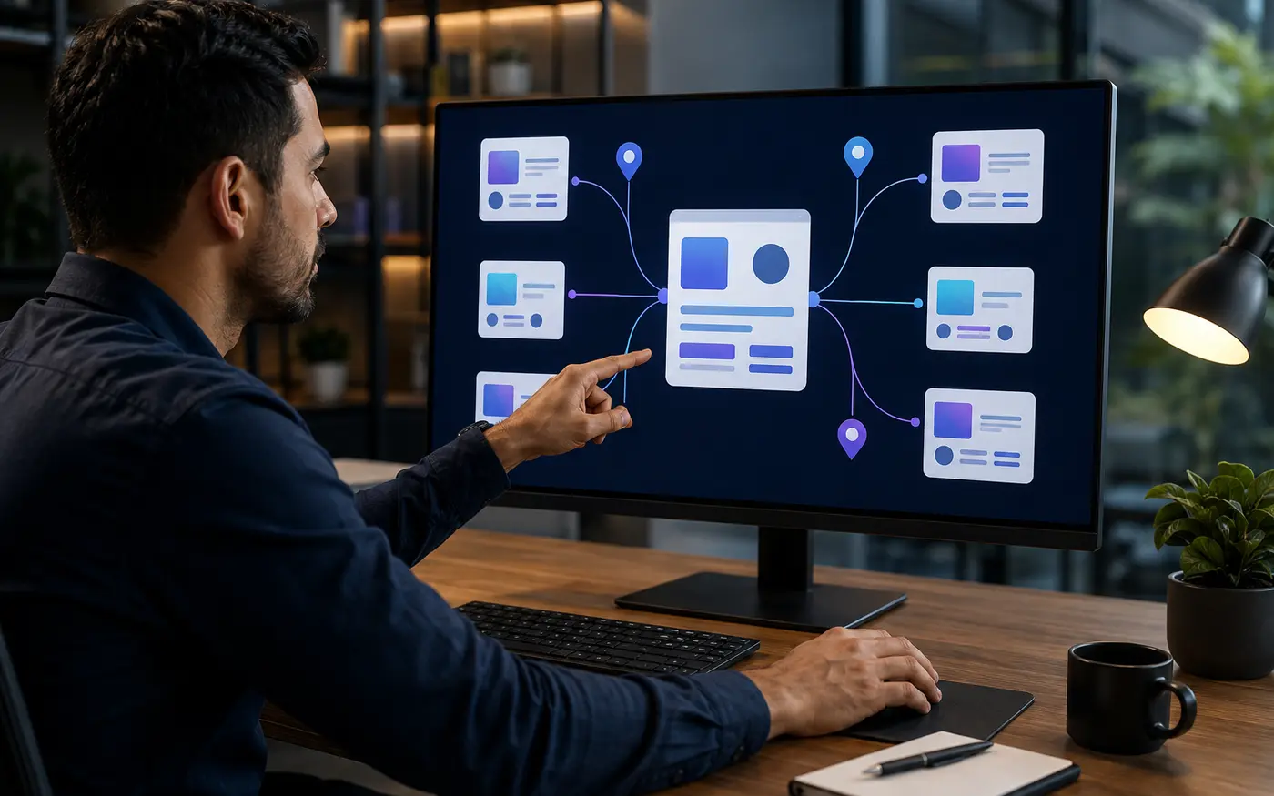 Estrategista conectando páginas com links internos para SEO local