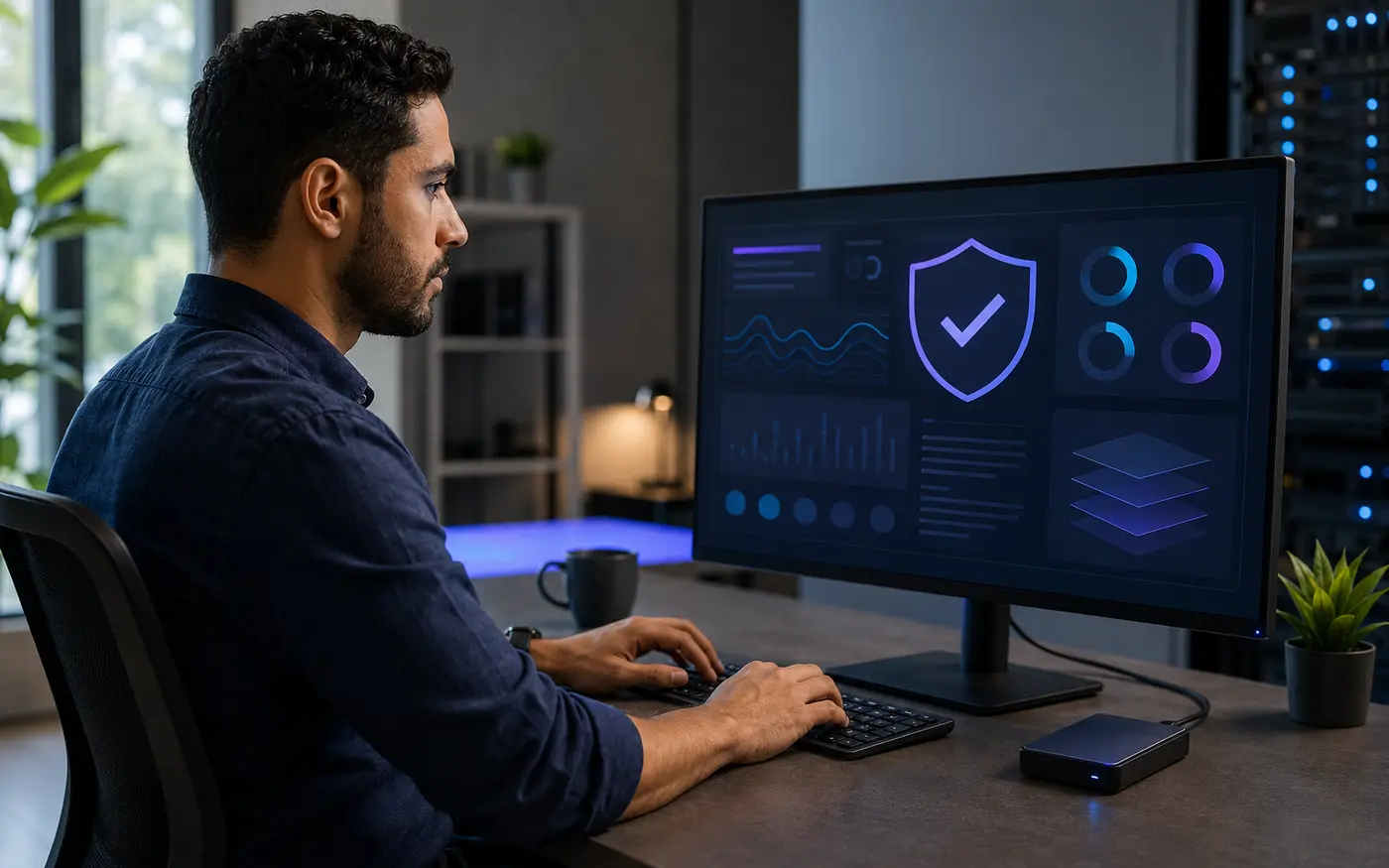 Especialista monitorando segurança, backup e manutenção de um site