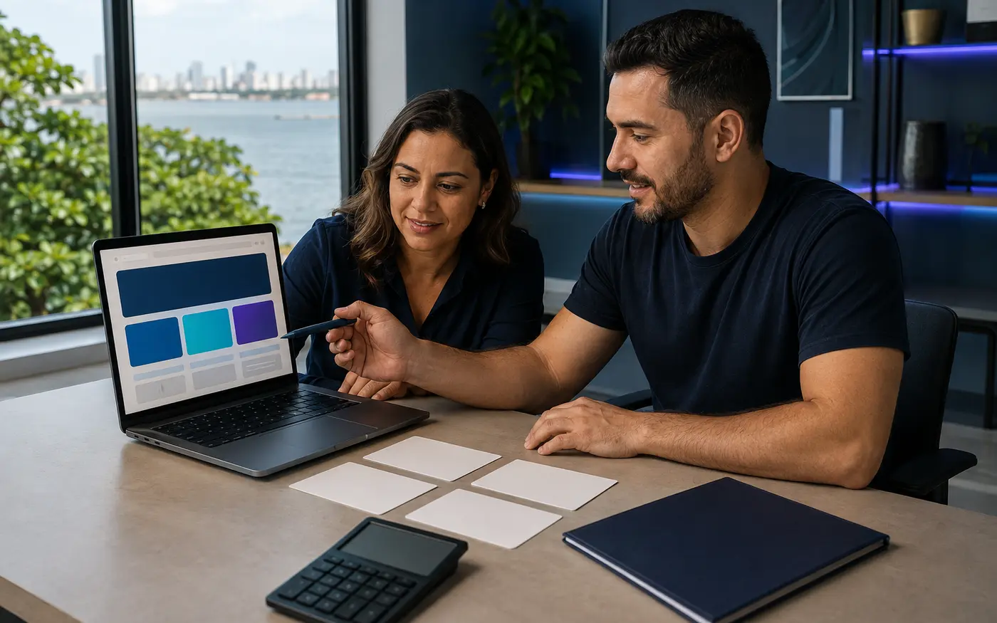 Empresária e consultor avaliando o investimento em um projeto de site