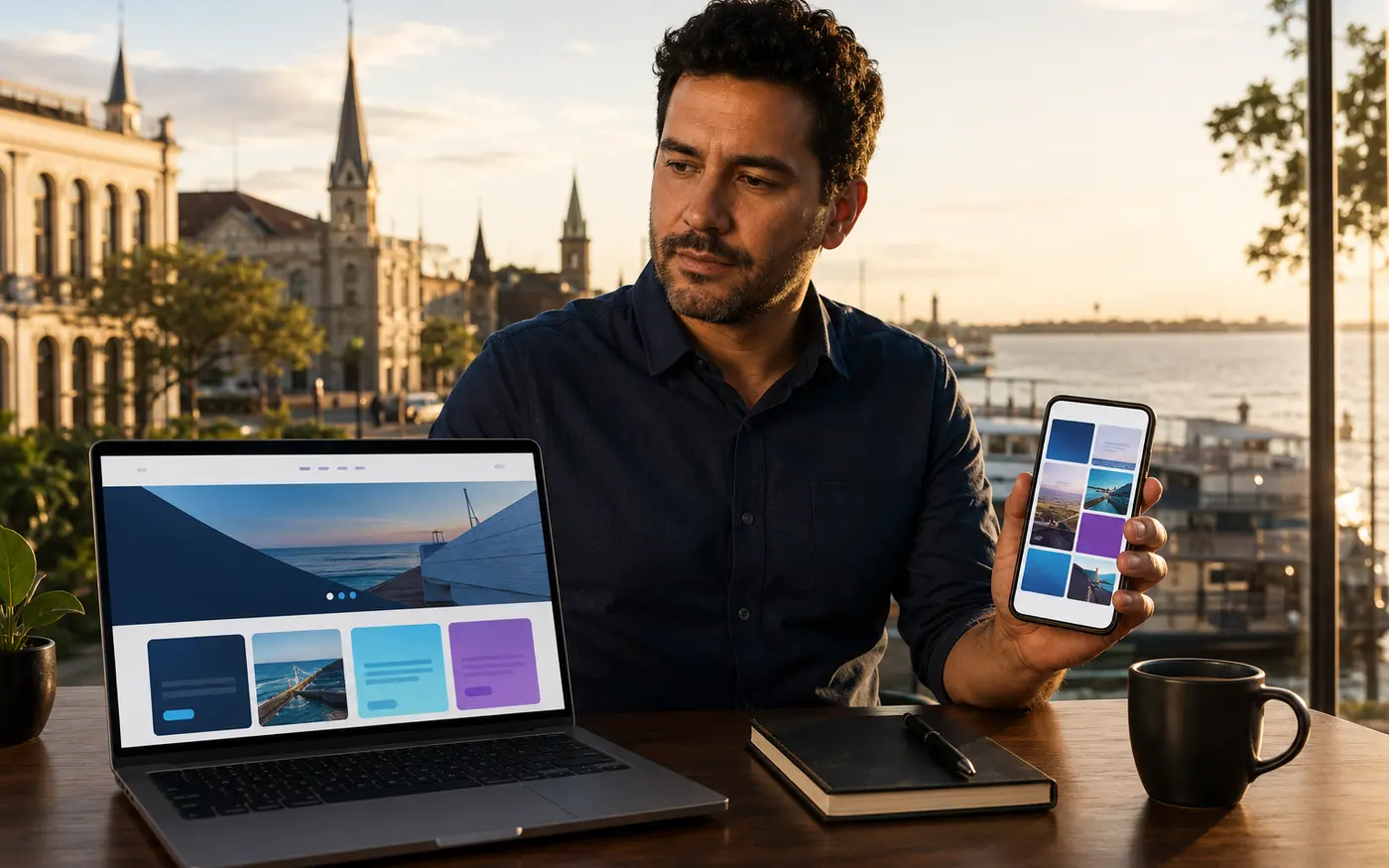 Empresário comparando site profissional e redes sociais em Belém