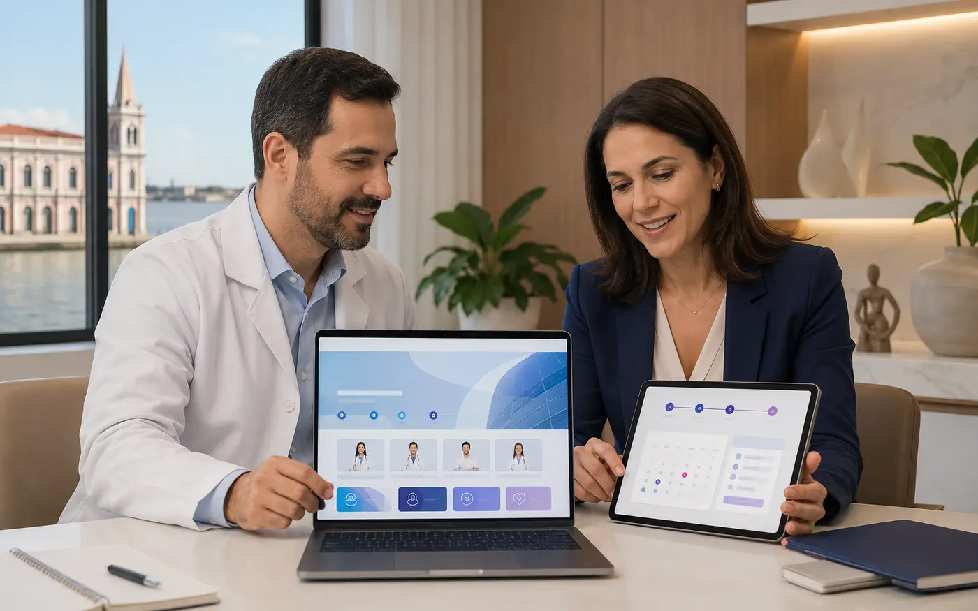 Médica e gestora revisando o site e o agendamento de uma clínica