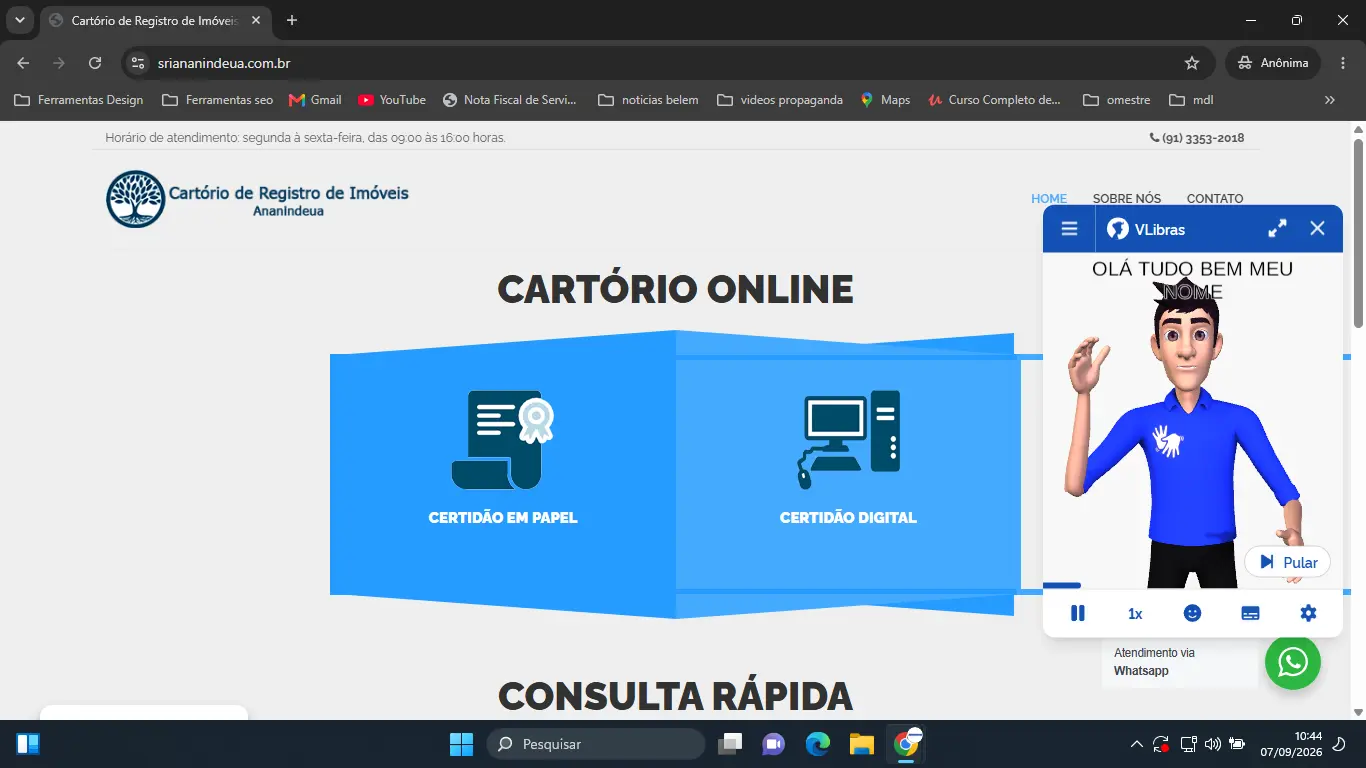 Portal do Cartório de Registro de Imóveis de Ananindeua com acessibilidade em Libras