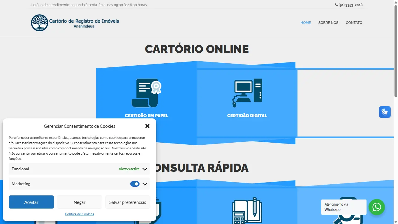 Painel de cookies e privacidade LGPD do Cartório de Ananindeua