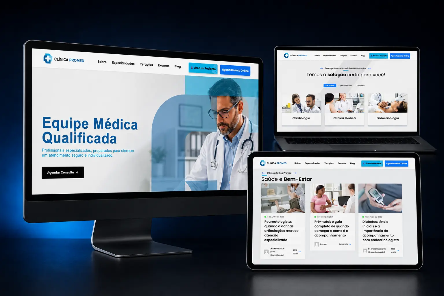 Site da Clínica Promed apresentado em diferentes telas com equipe médica, especialidades e blog