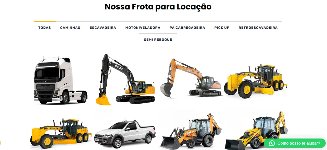Frota para locação com caminhão, escavadeiras, motoniveladoras e outros equipamentos