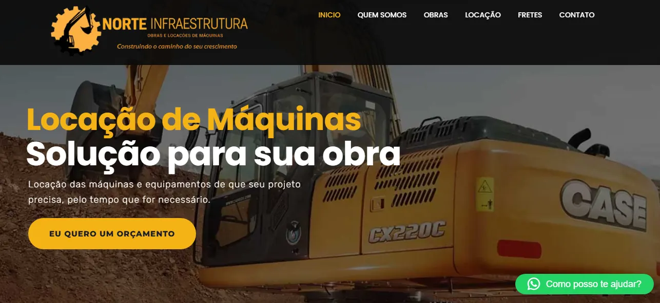 Página inicial da Construtora Norte com escavadeira e chamada para locação de máquinas