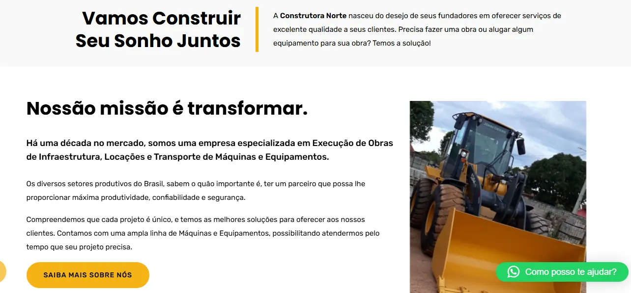 Seção institucional da Construtora Norte com texto sobre infraestrutura e fotografia de máquina