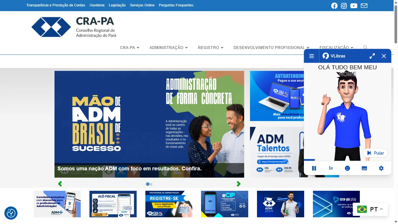 Portal do CRA-PA com recurso de acessibilidade em Libras