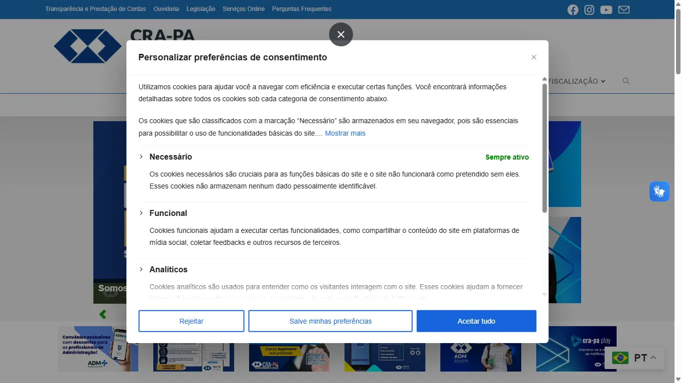 Painel de preferências de consentimento e cookies do portal CRA-PA