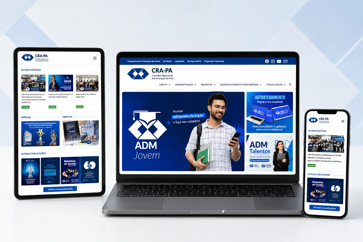 Site do CRA-PA apresentado em notebook, tablet e celular com serviços, notícias e transparência
