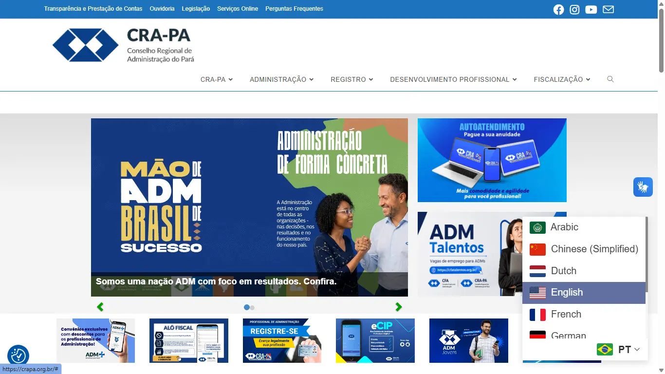 Seletor de idiomas do portal CRA-PA com opções de tradução