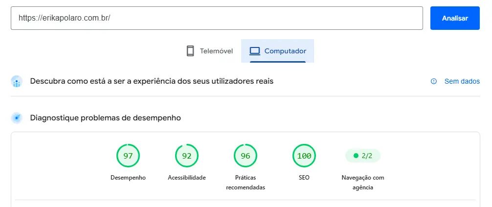 Resultado do PageSpeed Insights do site da Dra. Érika Polaro