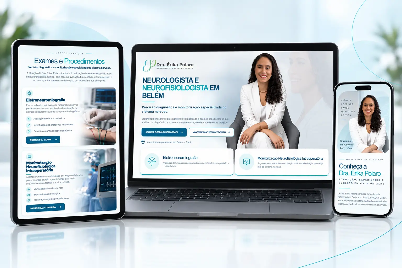 Site responsivo da Dra. Érika Polaro apresentado em notebook, tablet e celular