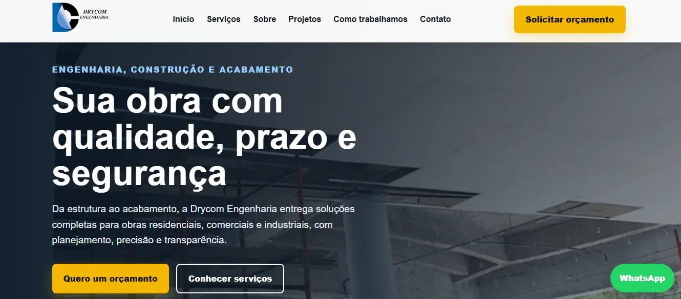 Página inicial da Drycom Engenharia com chamada para orçamento