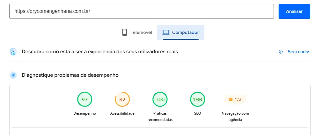 Resultado do PageSpeed Insights do site da Drycom Engenharia
