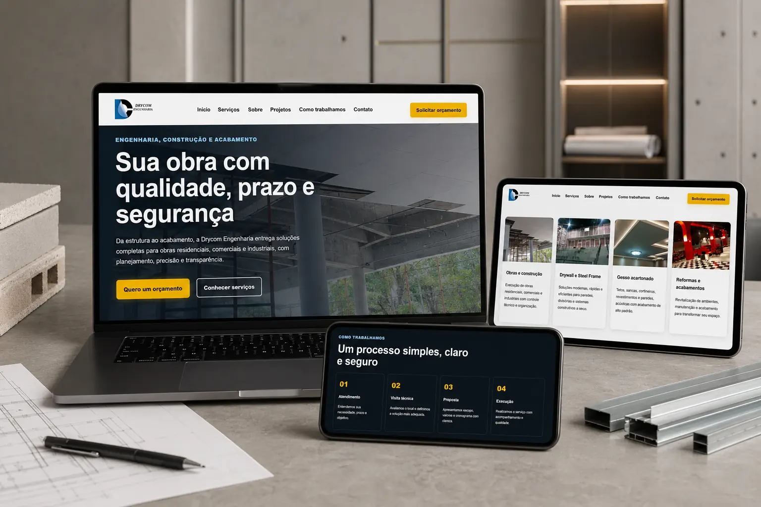 Site da Drycom Engenharia apresentado em diferentes telas com obra, serviços de construção e etapas de trabalho