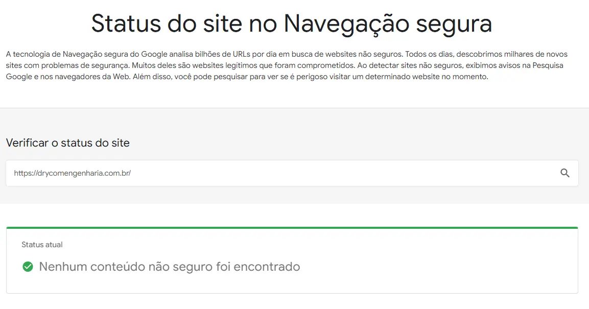 Relatório do Google Safe Browsing para o site da Drycom Engenharia