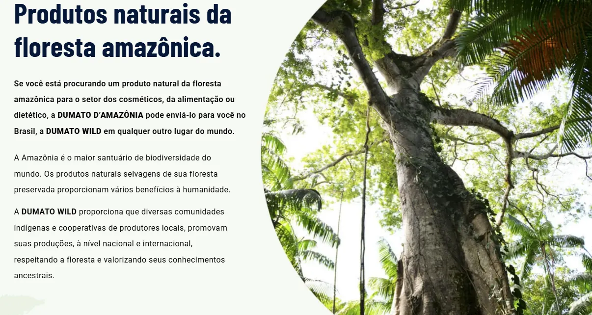 Seção sobre produtos naturais da floresta amazônica no site da Dumato Wild
