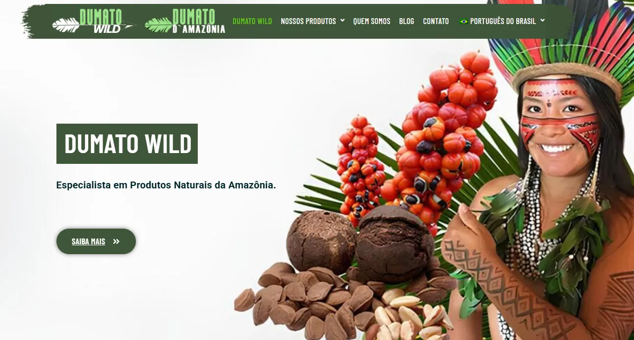 Página inicial da Dumato Wild com identidade amazônica e chamada para produtos naturais