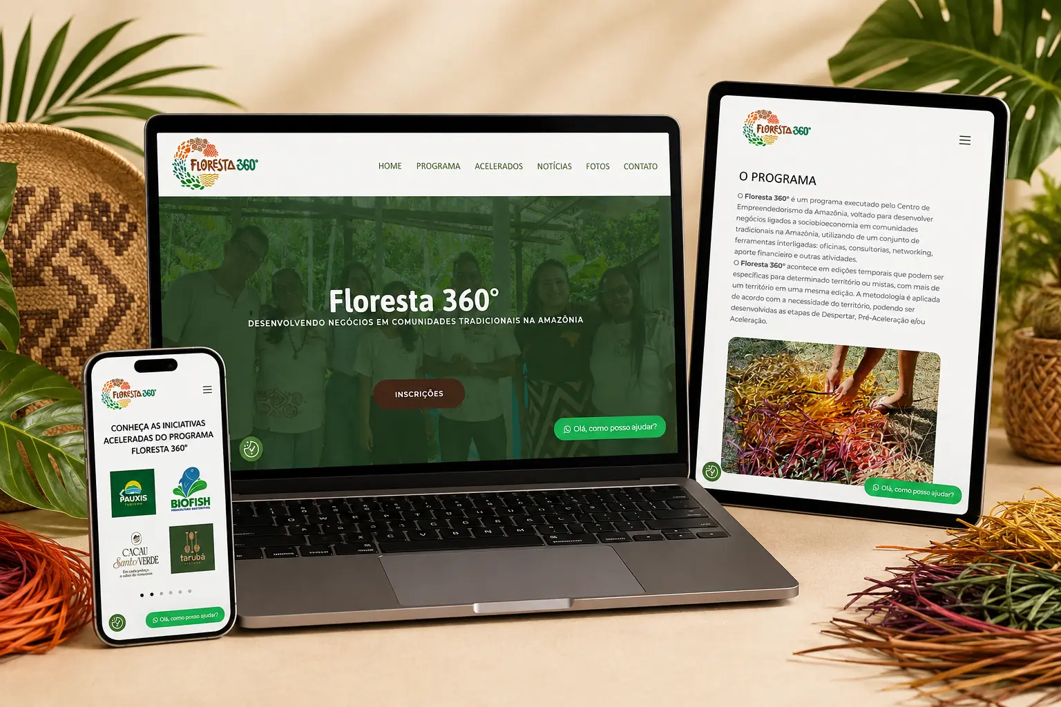 Site do programa Floresta 360 apresentado em diferentes telas com informações e iniciativas aceleradas