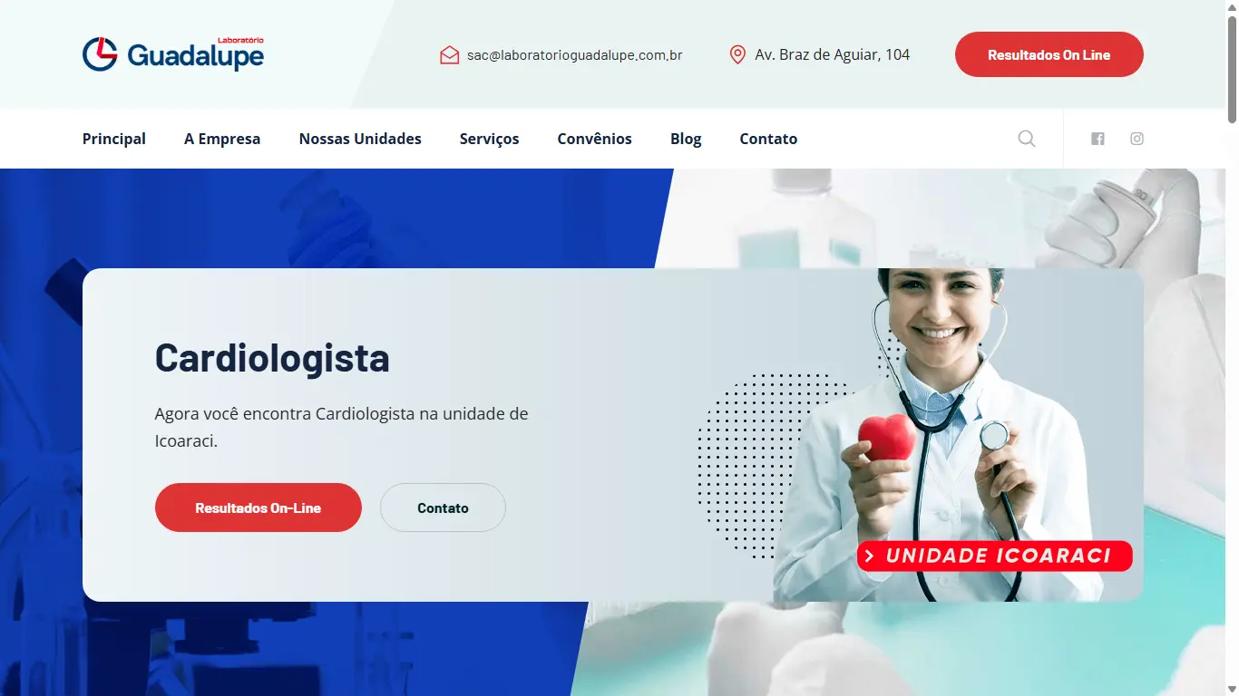 Página inicial do Laboratório Guadalupe com menu de unidades, serviços, convênios, blog e contato