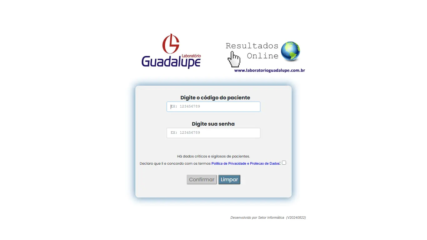 Tela segura de acesso do paciente aos resultados de exames do Laboratório Guadalupe