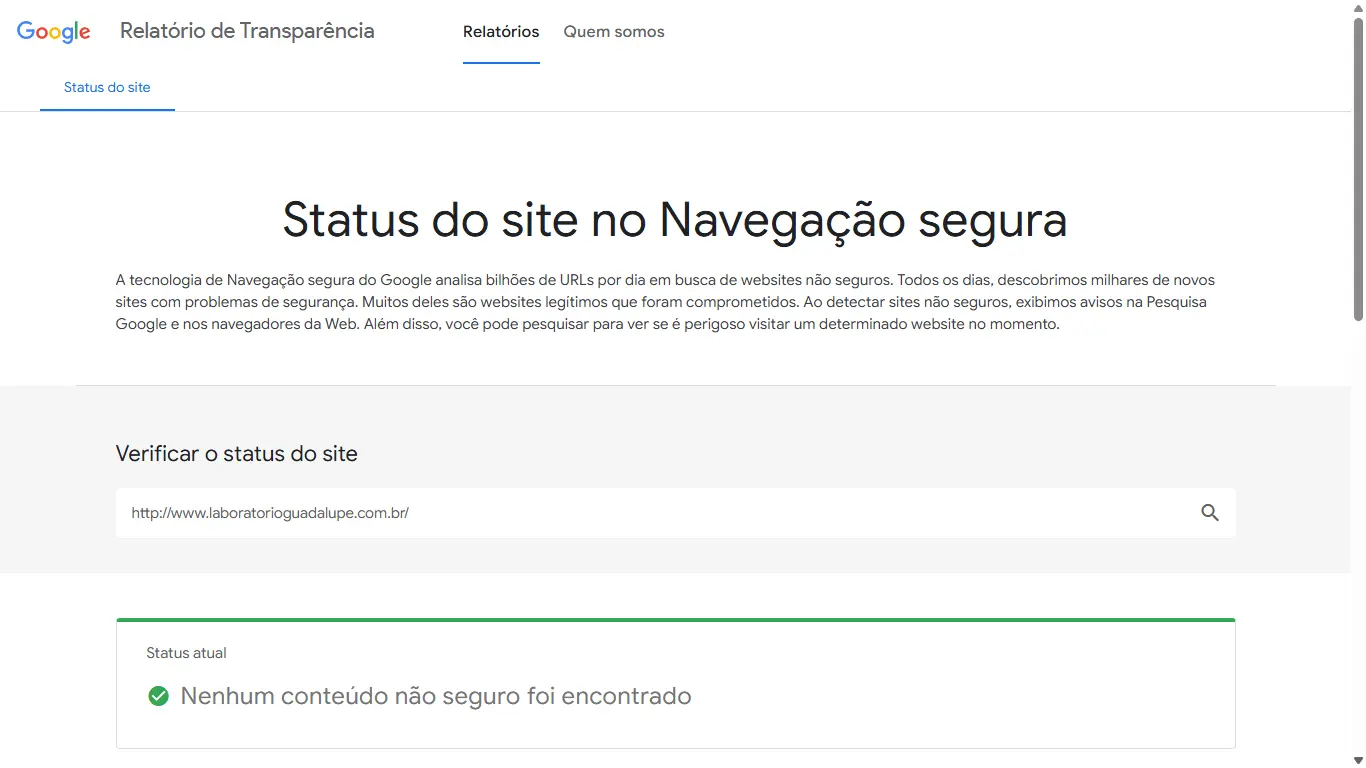 Relatório do Google Safe Browsing sem conteúdo não seguro encontrado para o Laboratório Guadalupe