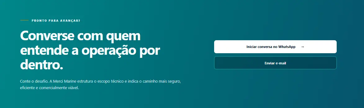 Seção de contato da Merci Marine com botão para iniciar conversa no WhatsApp
