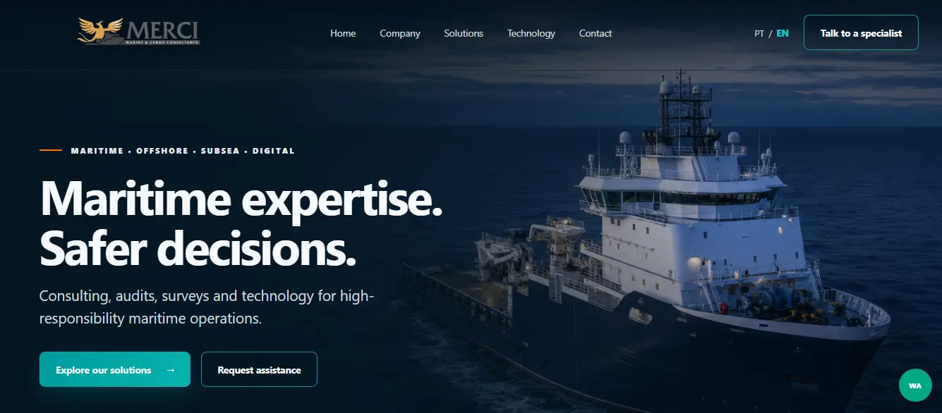 Versão em inglês do site Merci Marine para clientes internacionais