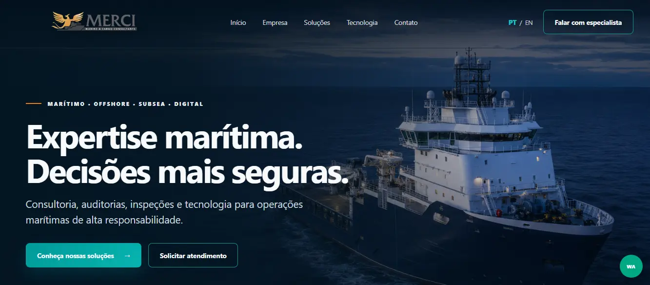 Página inicial em português do site Merci Marine com navio e consultoria marítima