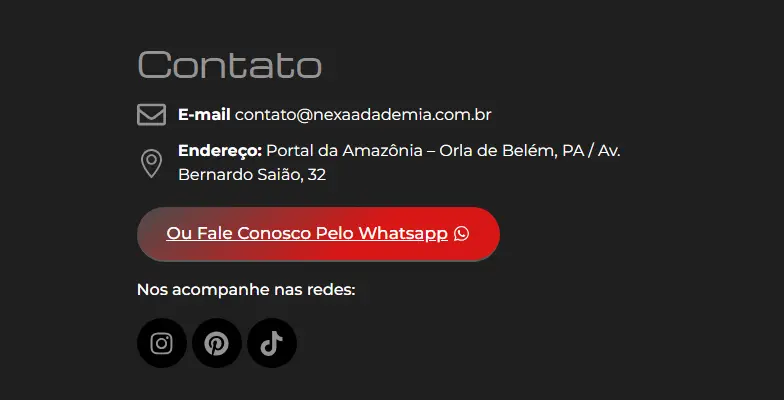Contato da Academia Nexa com WhatsApp, endereço e redes sociais