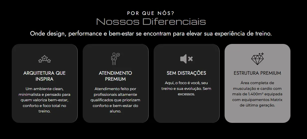 Diferenciais da Academia Nexa apresentados no site