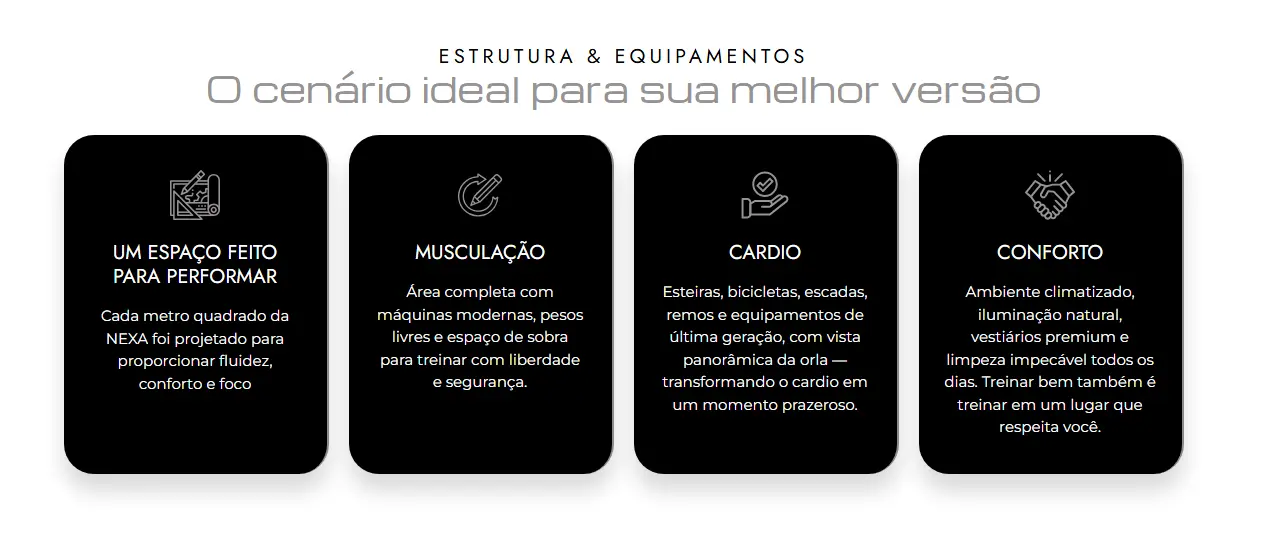 Detalhes da estrutura de musculação e cardio da Academia Nexa