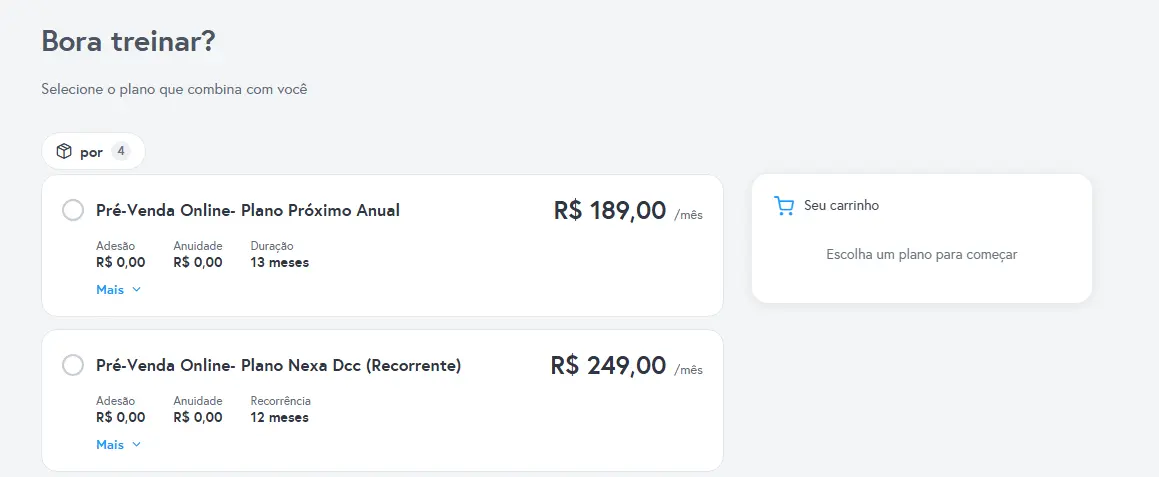 Sistema de matrícula online da Academia Nexa com seleção de planos