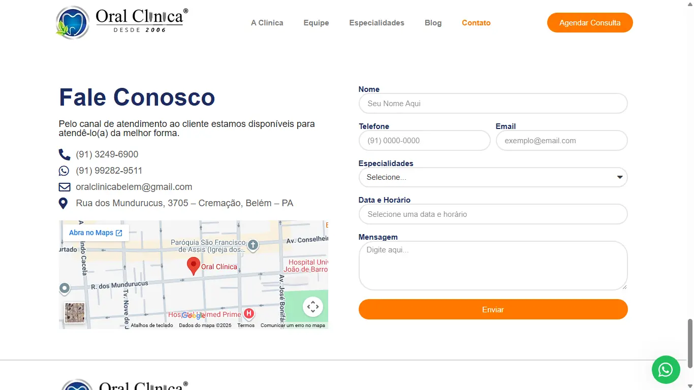 Página de contato da Oral Clínica com endereço, Google Maps, formulário e WhatsApp