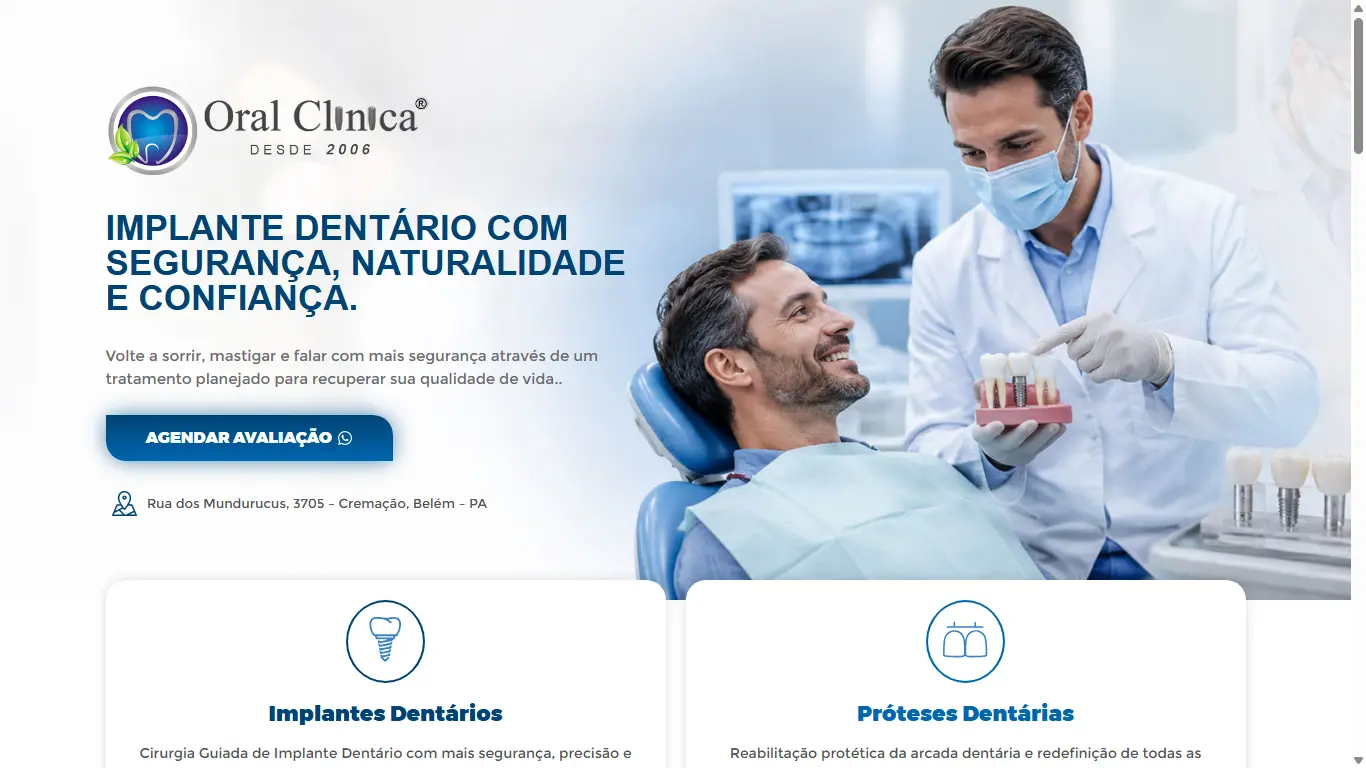 Landing page da Oral Clínica para implantes dentários e campanhas de Google Ads em Belém