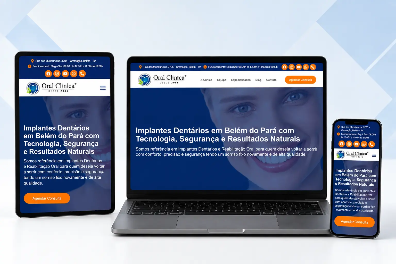 Site da Oral Clínica apresentado em tablet, notebook e celular
