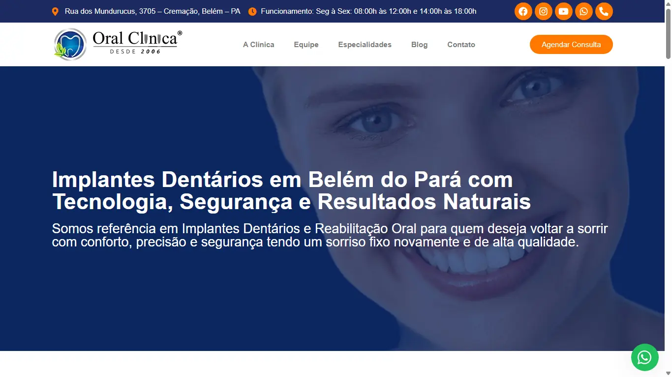 Página institucional da Oral Clínica em Belém com logomarca, endereço e destaque para implantes dentários