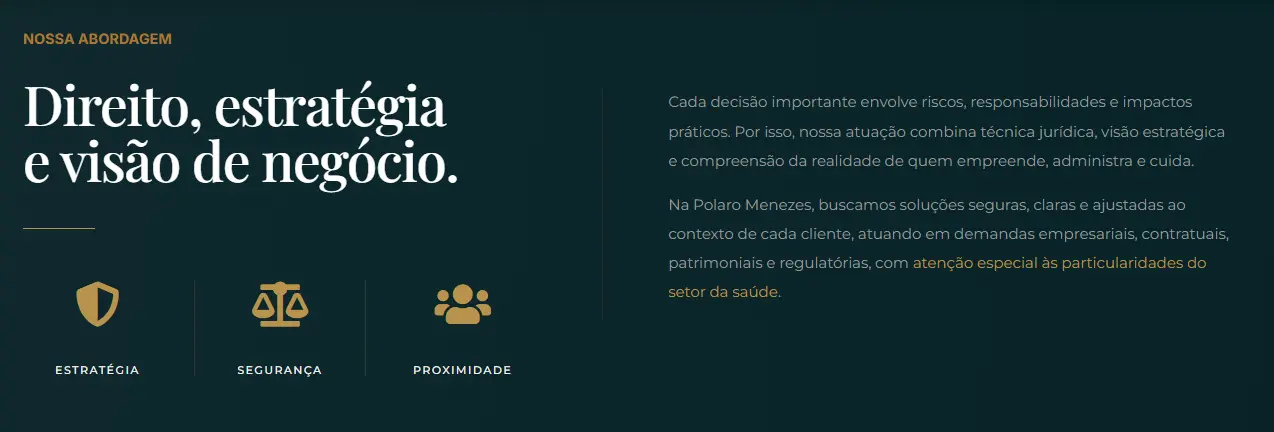 Abordagem estratégica e visão de negócio apresentadas no site Polaro Menezes