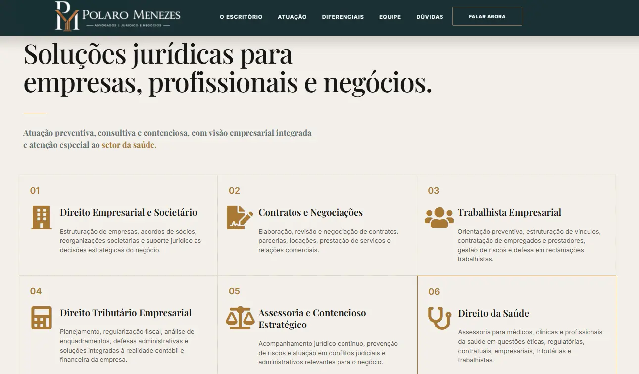 Áreas de atuação jurídica da Polaro Menezes organizadas no site
