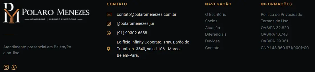 Rodapé do site Polaro Menezes com e-mail, Instagram, WhatsApp e endereço em Belém