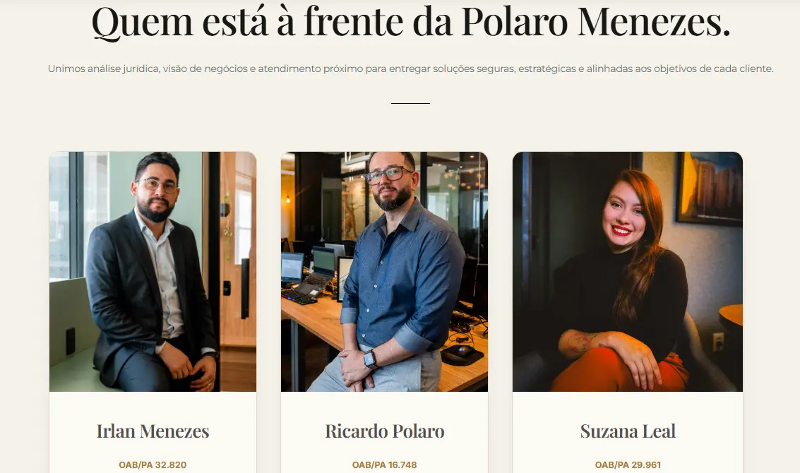 Equipe da Polaro Menezes apresentada no site com nomes e registros profissionais