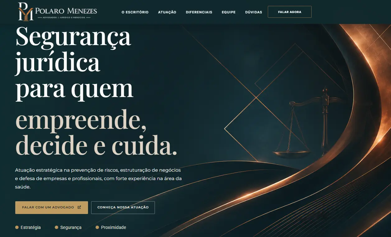 Página inicial do site Polaro Menezes com posicionamento jurídico e chamada para atendimento