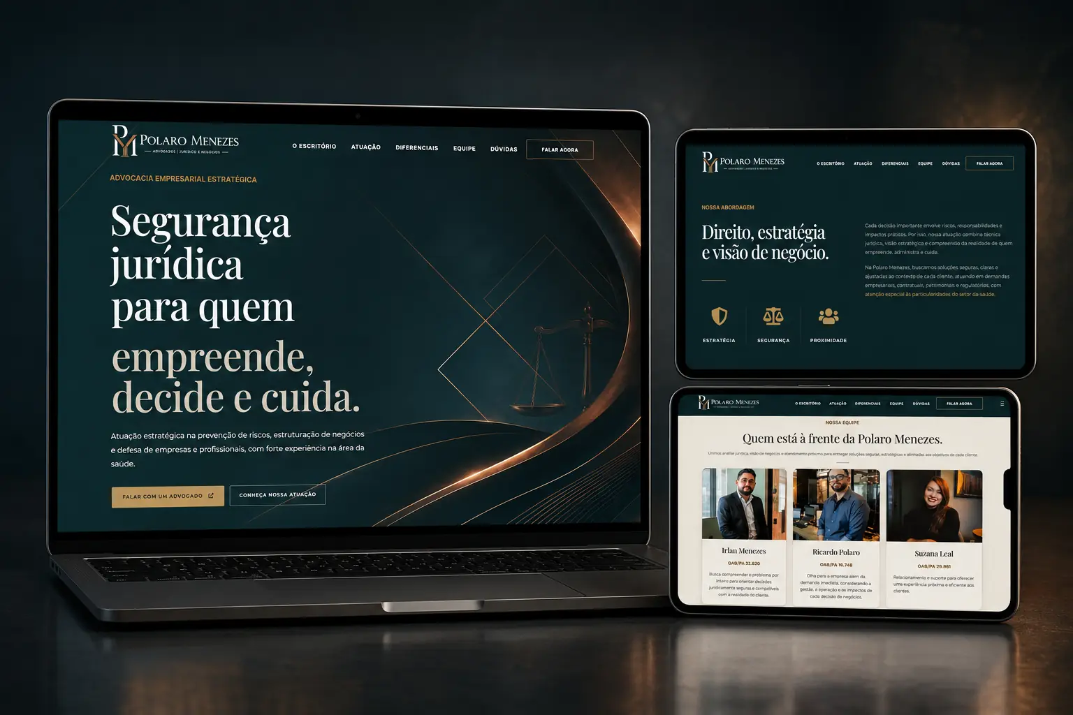 Site Polaro Menezes apresentado em diferentes telas com segurança jurídica, abordagem estratégica e equipe